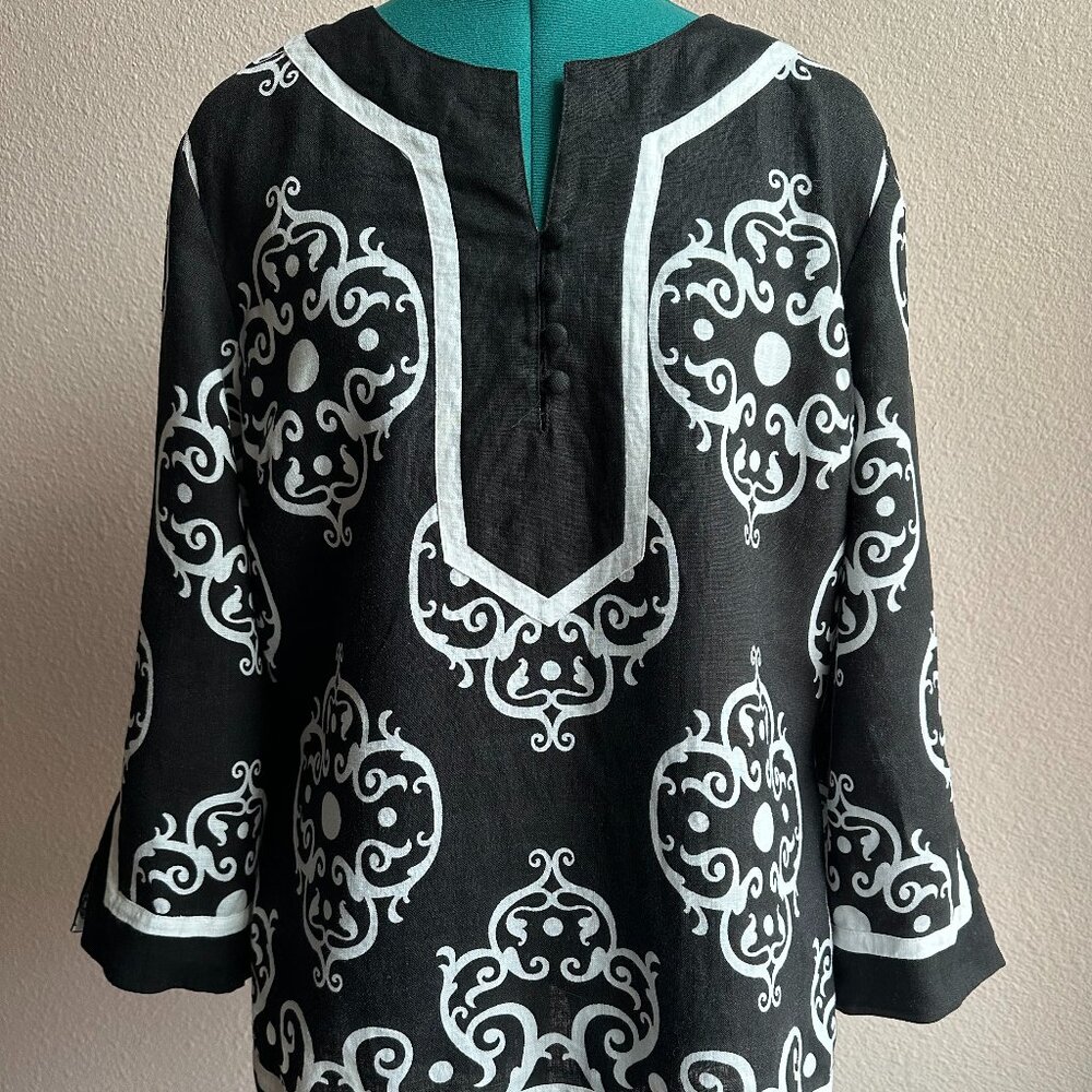 Style & Co.  Women Black/White 100% Linen Tunic  3/4 Sleeve Size 12